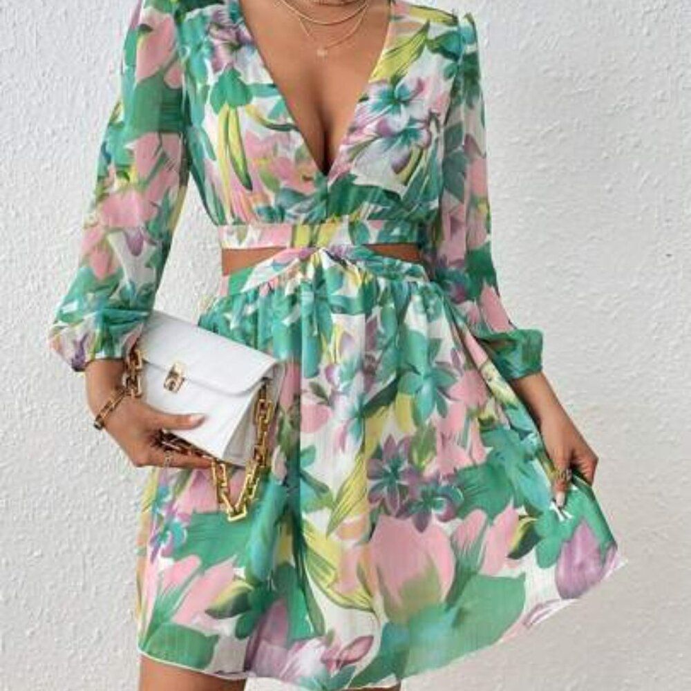 Lune Floral Print Cut Out Waist Plunging Neck Lantern Sleeve Dress Sz L NWOT